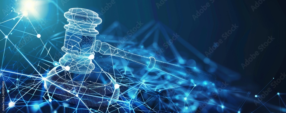 Aufkleber digital gavel and networking concept representing banking regulation compliance within the finance i