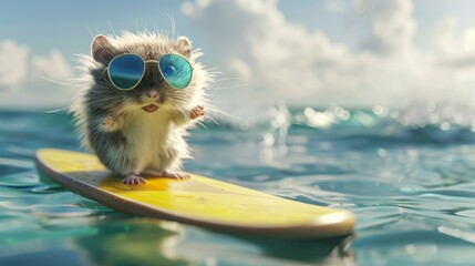 Cute hamster surfing in sea with sunglasses. 3D vector illustration.
