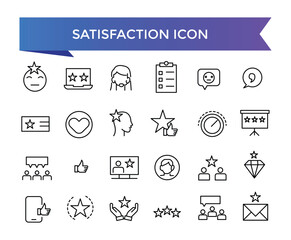 Satisfaction icon collection. Related to happiness, fulfillment, satisfied, joy, recommend, thankful, gratification and positive feedback. Vector Line symbol set.