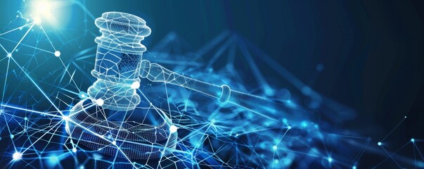 Digital gavel and networking concept representing banking regulation compliance within the finance industry