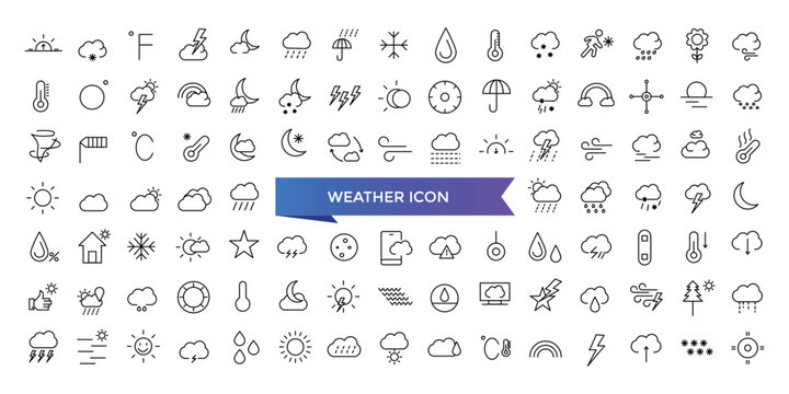 Weather icon collection. Related to temperature, sun, rain, snow, cloud, humidity, summer, winter, spring, cloudy and rainy season. Climate symbol set.