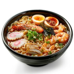 High-quality image of a mouthwatering seafood ramen, focusing closely on the assortment of seafood, vividly presented against an isolated background