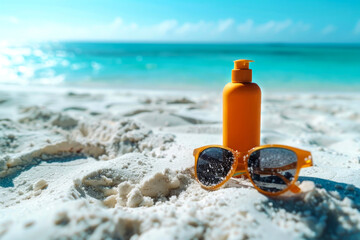 sunscreen in an orange tube stands on the sand against the background of the ocean. UV protection.