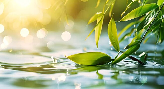 green fresh bamboo leaf on light blue transparent water wave.. artistic video wallpaper. Sunlight and shadows. Botanical tropical leaves.