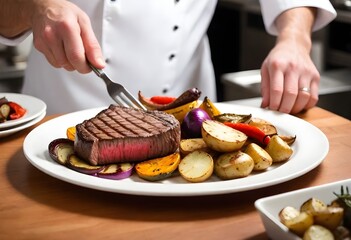 Chef in restaurant kitchen, A grilled steak with roasted vegetables