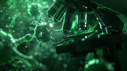 High-resolution close-up of a pathogen under a microscope, illuminated by eerie green lighting, perfect for scientific research visuals