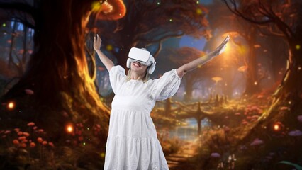 Excited woman turning body through VR wonderland wooden bridge metavers in fairytale mushroom...