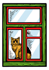 Domestic cat looking out window color sketch engraving PNG illustration. Scratch board style imitation. Black and white hand drawn image.