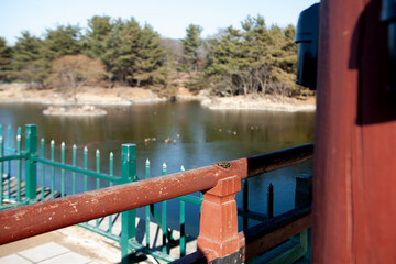 View of the wooden guardrail in the traditional Korean pavilion