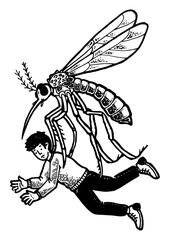 Giant mosquito kidnaps human person sketch engraving PNG illustration. Scratch board style imitation. Black and white hand drawn image.