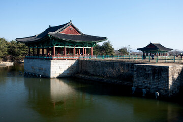 Exterior of the traditional Korean buildings at the lake