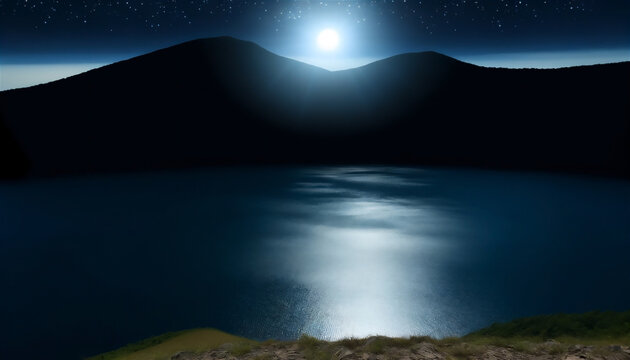 山の湖の静かな水面に映る月の光