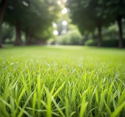 A lush, green grass covering the ground in a blurred outdoor setting