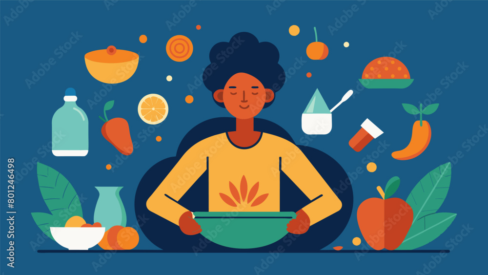 Poster cooking with awareness taking in the smells sounds and textures of each ingredient and being fully p