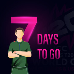 ICC Men's T20 World Cup Cricket Match to Start from 7 Days Left Based Poster Design with Bangladesh Cricketer Player Character on Dark Background.