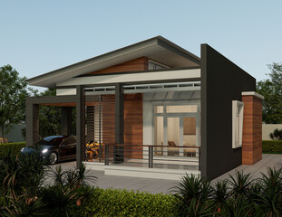 3D Rendering A small 1 storey house, nice to live, simple design, modern tropical house, beautiful with parking space and garden.