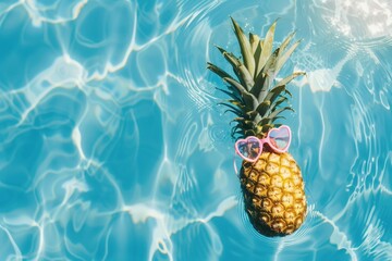 pineapple with sunglasses, floating in water