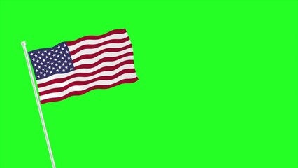 USA flag waving with pole on green screen background. Chroma key, National day of United States America