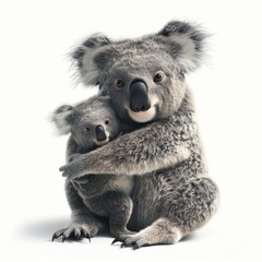 Koala bear with cub. 3D rendering cute animal isolated over white background.