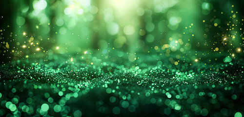Obraz premium Emerald Forest Green Glitter Defocused Abstract Twinkly Lights Background, glowing blurred lights in deep emerald green shades.