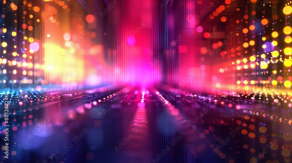 Poster vibrant digital abstract of a futuristic cityscape with glowing neon lights and dynamic data streams