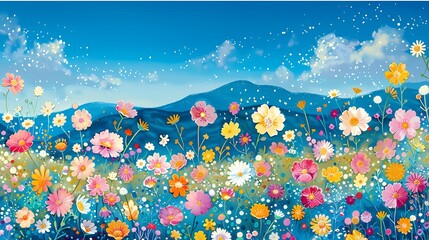 Fototapeta na wymiar colorful hues of flowers dancing in the blue sky illustration poster background