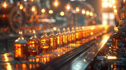 Obraz premium Early morning in a brewery, with the first batch of bottles being processed, soft natural light enhancing the scene.