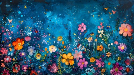 colorful hues of flowers dancing in the blue sky illustration poster background