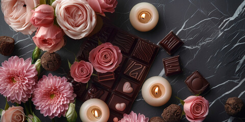 Chocolate candy and flowers in a flat lay arrangement on dark background
