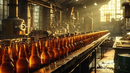 The production in beer factory. Brewery conveyor with glass beer drink alcohol bottles, modern production line. Blurred background. Modern production for bottling drinks. Selective focus. - obrazy, fototapety, plakaty