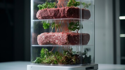 Laboratory grown artificial meat concept showcasing the future of food with cultured beef, a sustainable and ethical alternative to traditional meat production