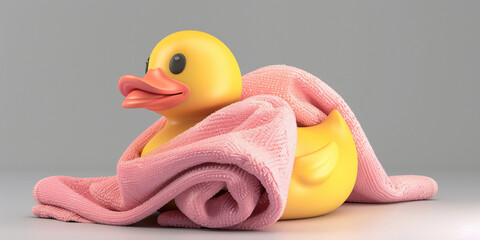 A yellow rubber toy duck with a towel over him and on light background