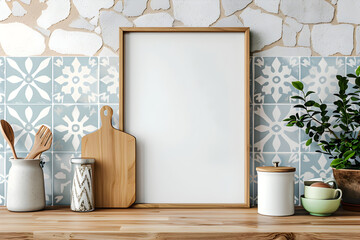 A wooden table with a vertical picture frame for wall art mockup. Herbs and vintage tiles wall in kitchen interior.