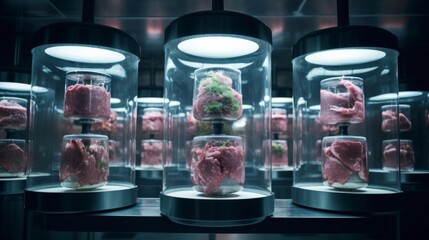 Laboratory grown artificial meat concept showcasing the future of food with cultured beef, a sustainable and ethical alternative to traditional meat production