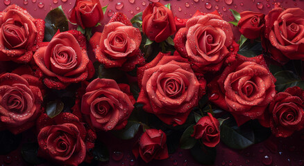 Obraz premium Generative ai illustration of a red roses bouquet with dew drops on the petals