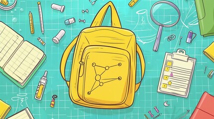 Yellow colored school backpack with  stationery. Concept back to school. School supplies. Banner for design with copy space