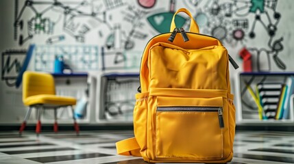 Yellow colored school backpack with  stationery. Concept back to school. School supplies. Banner for design with copy space