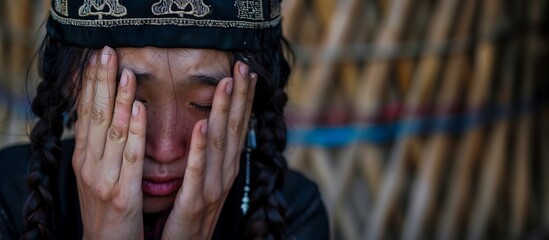 Unhappy asian crying young woman touching face, near yurt, thinking about problems. Girl feeling lonely and sad, psychological and mental troubles, suffering from bad relationship