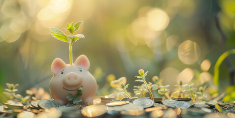 Pink piggy bank with coin outdoor with baby plant growing