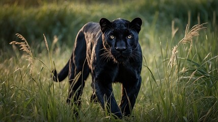 black panther in high grass, portrait, background image, stock photo, wild cats in nature