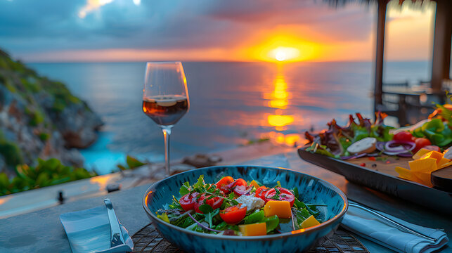 A plate of food and a glass of wine are on a table at a beach restaurant. The sun is setting over the ocean in the background.