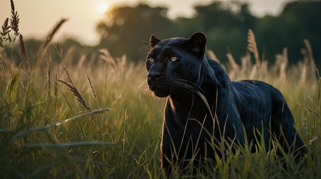 black panther in high grass, portrait, background image, stock photo, wild cats in nature