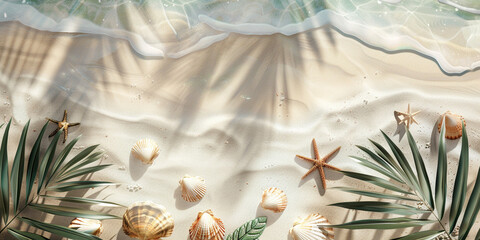 A beach scene with starfish and shells on the sand