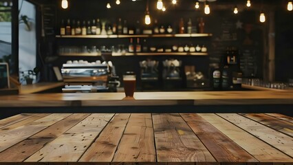 Blurred coffee shop lights with wooden table and beverages on bar background. Concept Coffee Shop Ambiance, Blurred Lights, Wooden Table, Beverages, Background Settings