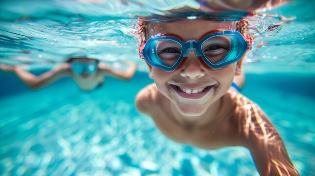 Underwater portrait of happy child in swimming pool.