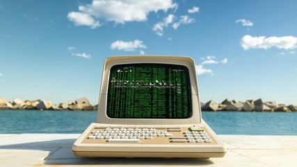 computer on a beach with data and code on screen - 801248661