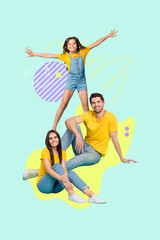 Vertical photo collage of happy family dad mother daughter together celebration holiday atmosphere isolated on painted background