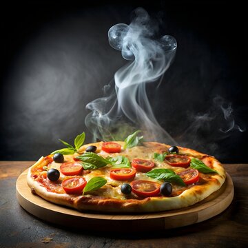 juicy pizza on a black background with steam emana