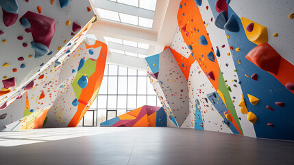 Climbing White Walls with colorful Artificial Elements in Bouldering Center