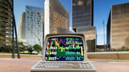 computer with city skyscraper skyline and code and data on screen - 801249250